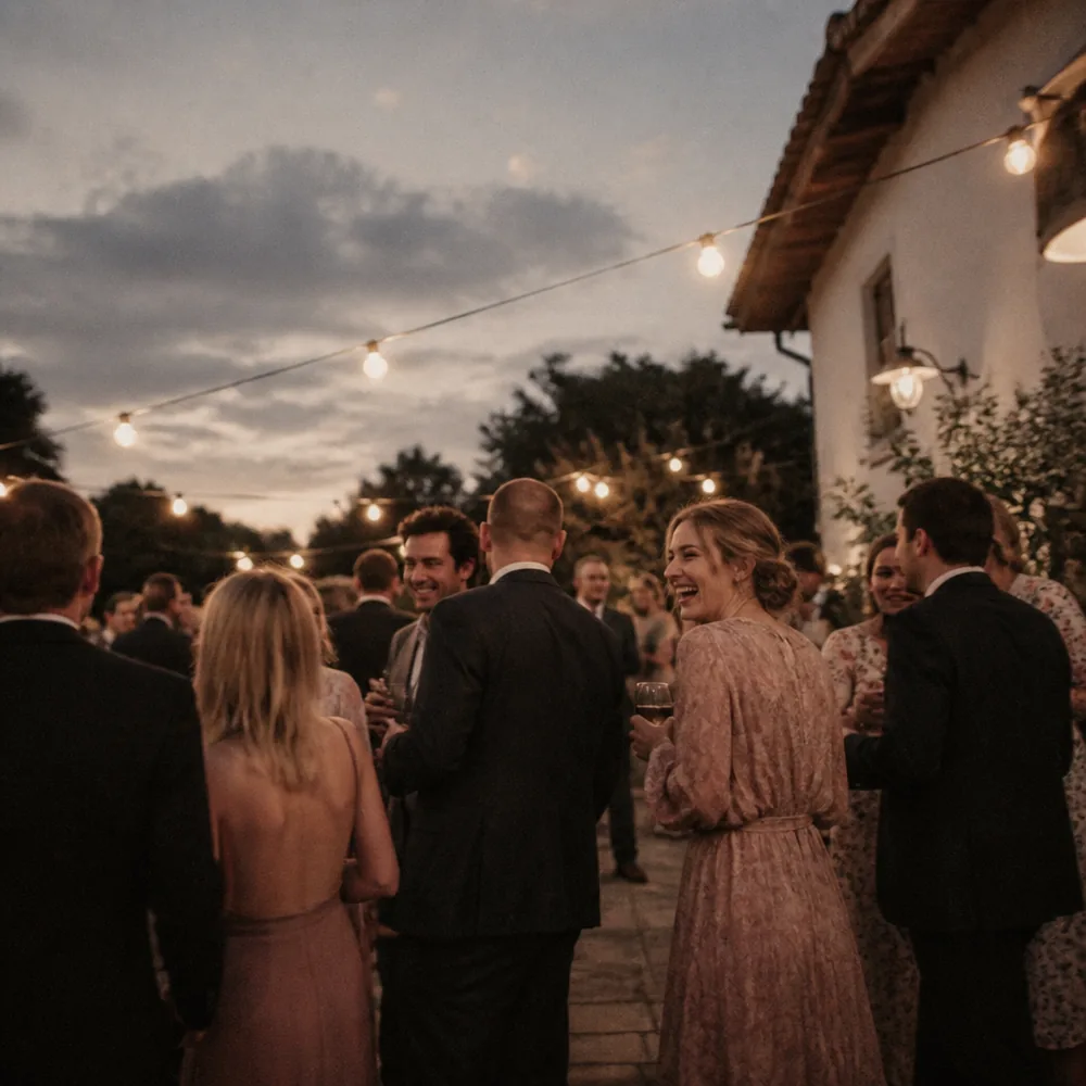 Guests talking under string lights at an evening reception