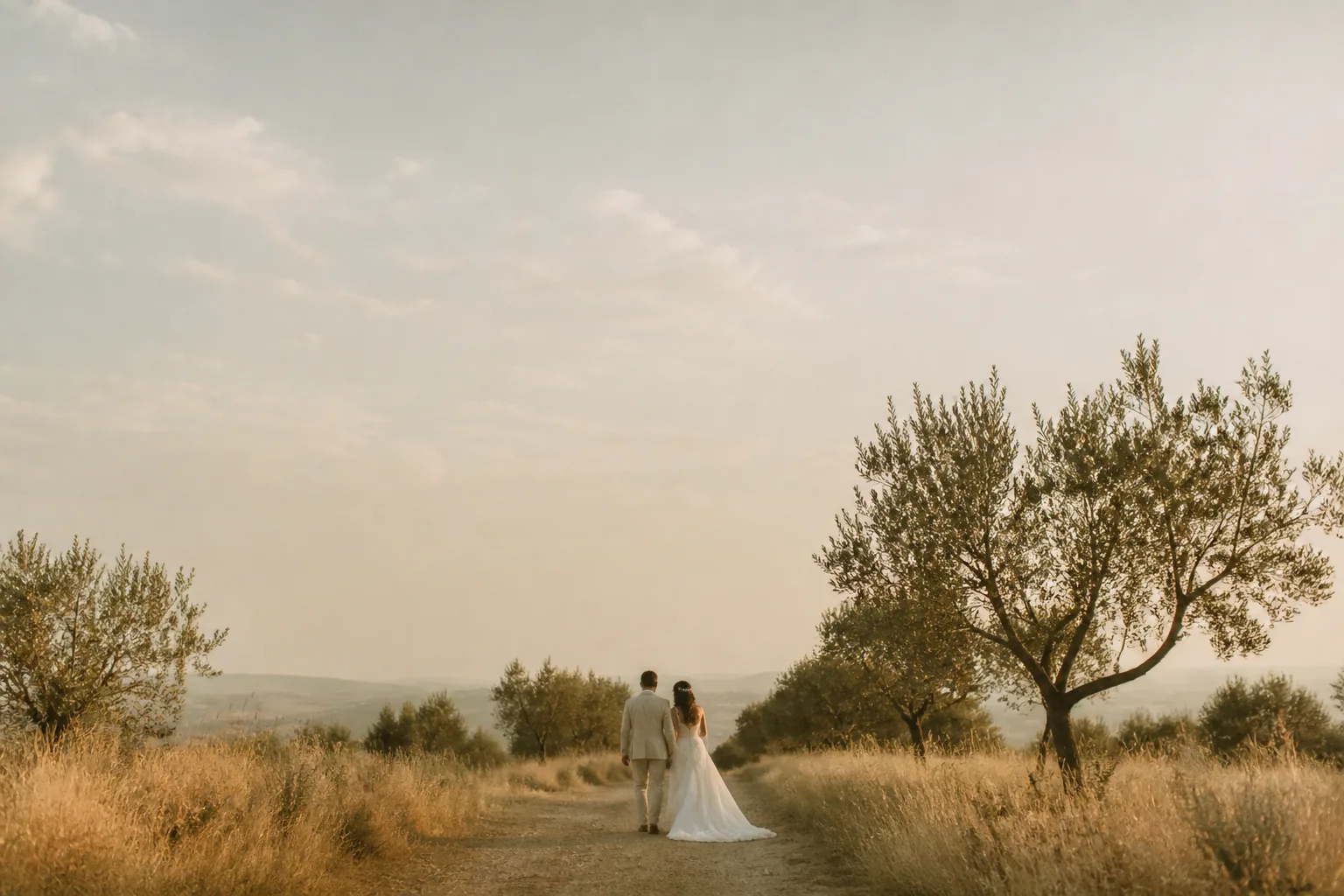 A couple walking away down a path through olive trees at golden hour